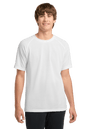 White Sport-Tek Ultimate Performance T-shirt (ST700) shown on a model, featuring a sleek fit and breathable fabric for active wear.