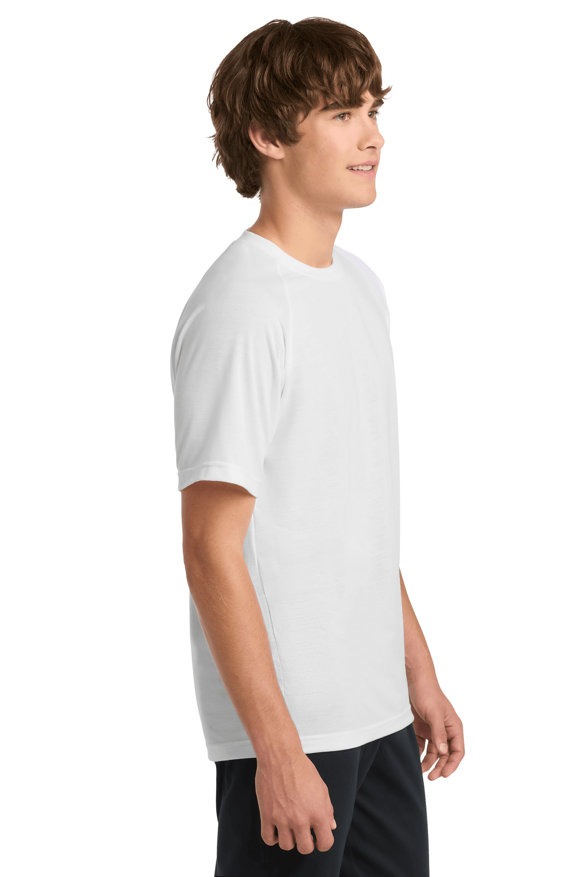 White Sport-Tek Ultimate Performance T-shirt ST700 worn by a model, showing side view of lightweight, breathable athletic shirt.