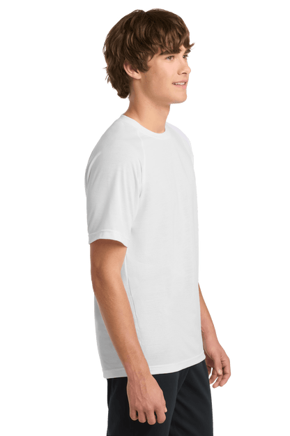 White Sport-Tek Ultimate Performance T-shirt ST700 worn by a model, showing side view of lightweight, breathable athletic shirt.