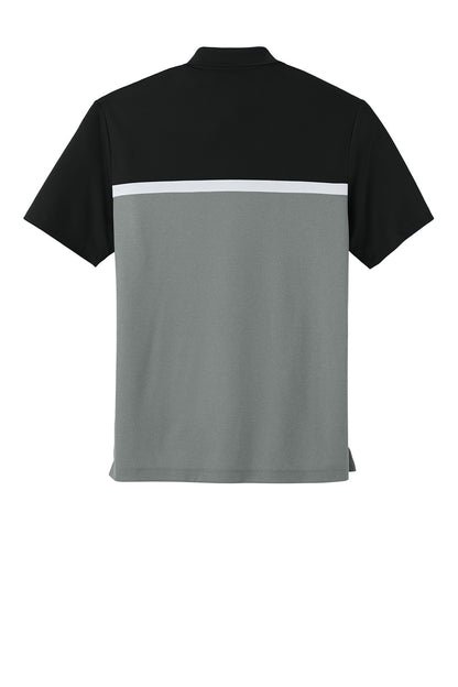 Sport-Tek UV Micropique Colorblock Polo in black and grey Heather with white accents, flat back view.