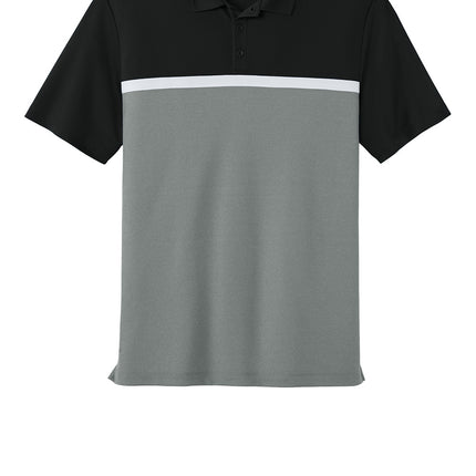 Sport-Tek UV Micropique Colorblock Polo in black and grey front view"