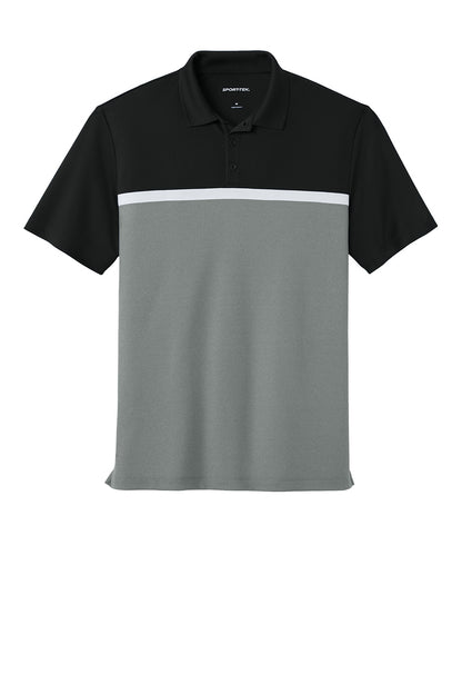 Sport-Tek UV Micropique colorblock polo shirt in black, grey concrete Heather, and white, shown from the flat front view.