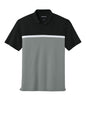 Sport-Tek UV Micropique colorblock polo shirt in black, grey concrete Heather, and white, shown from the flat front view.