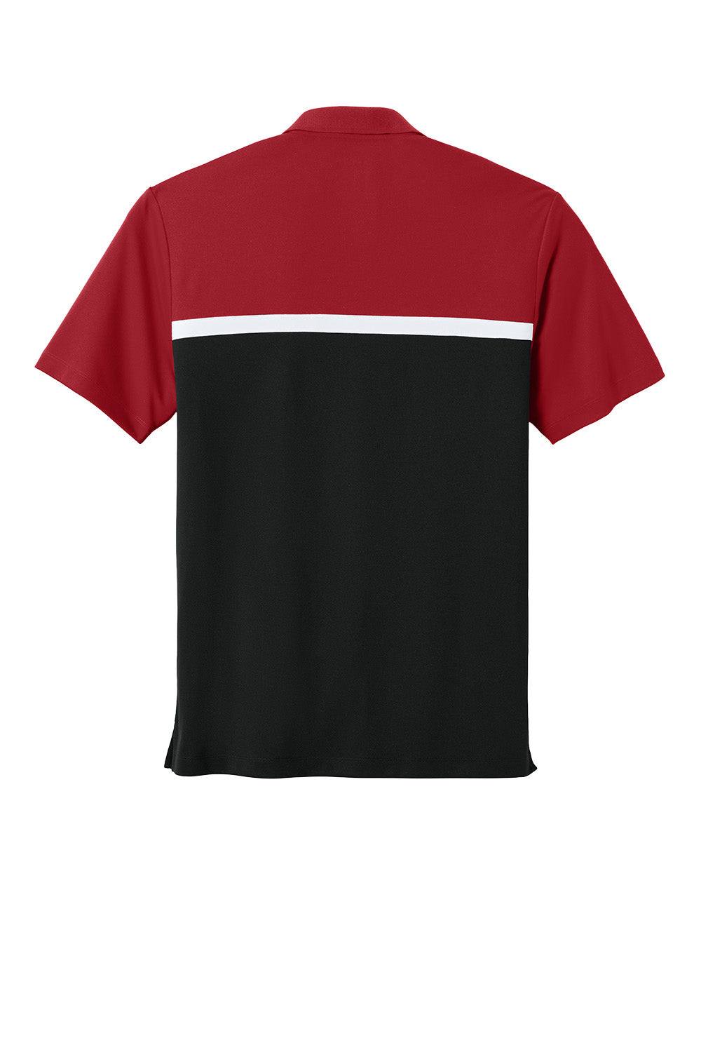 Sport-Tek UV Micropique Colorblock Polo in deep red, black, and white, showing the front view with colorblock design and logo detail.