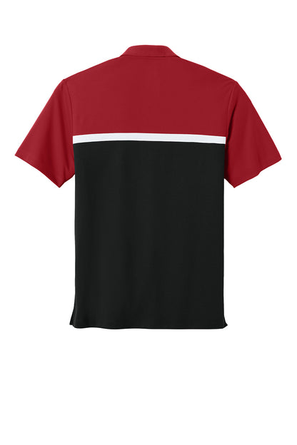 Sport-Tek UV Micropique Colorblock Polo in deep red, black, and white, showing the front view with colorblock design and logo detail.