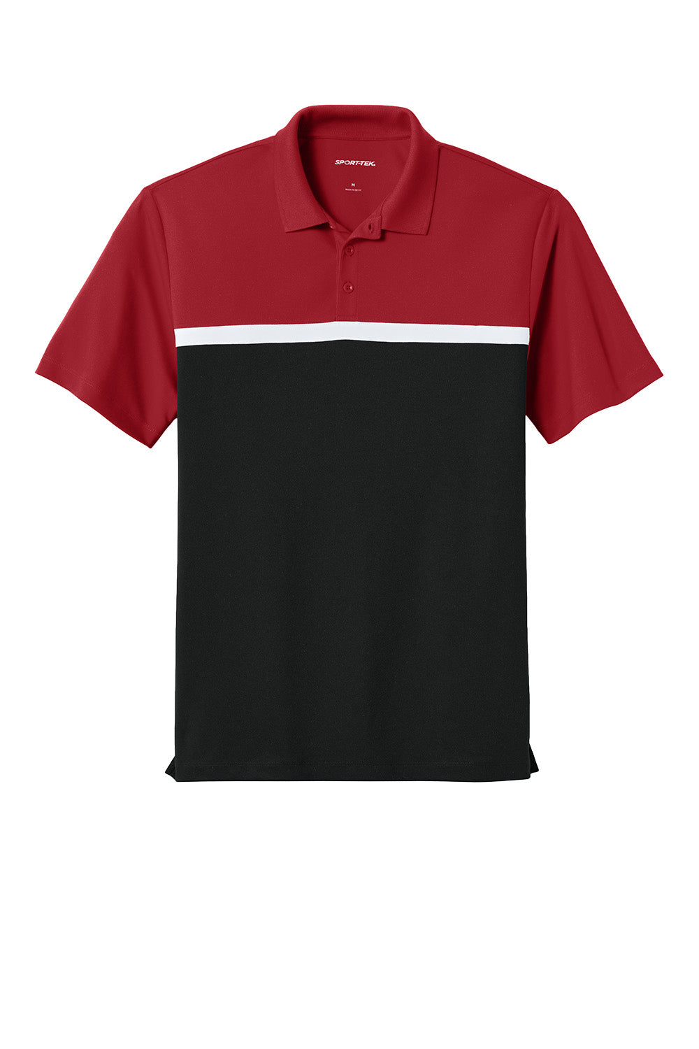 Sport-Tek UV Micropique Colorblock Polo in deep red, black, and white, front view showing contrasting colorblock design.