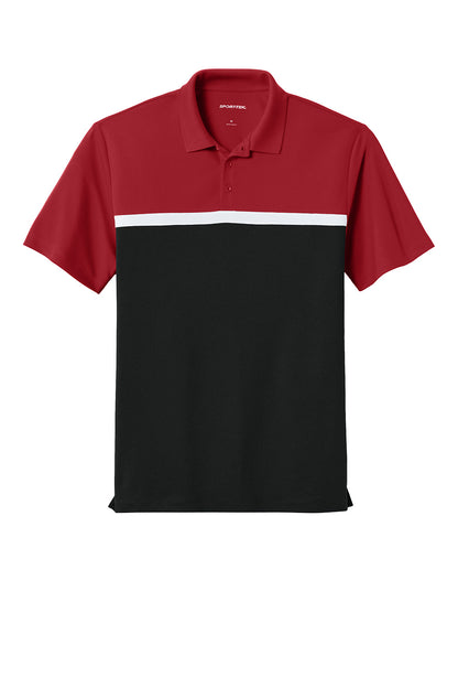 Sport-Tek UV Micropique Colorblock Polo in deep red, black, and white, front view showing contrasting colorblock design.
