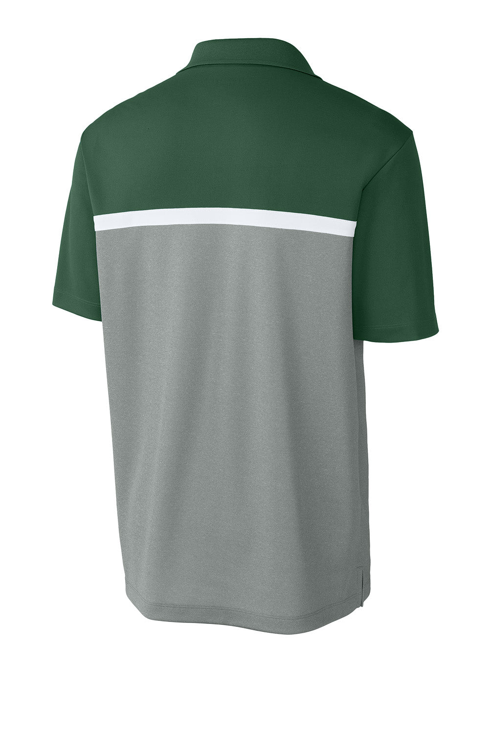 Sport-Tek UV Micropique colorblock polo in forest green, grey concrete heather, with white accents, shown from the back.