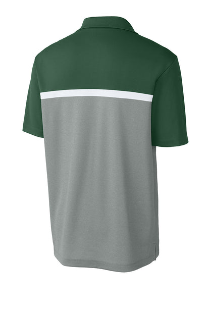 Sport-Tek UV Micropique colorblock polo in forest green, grey concrete heather, with white accents, shown from the back.