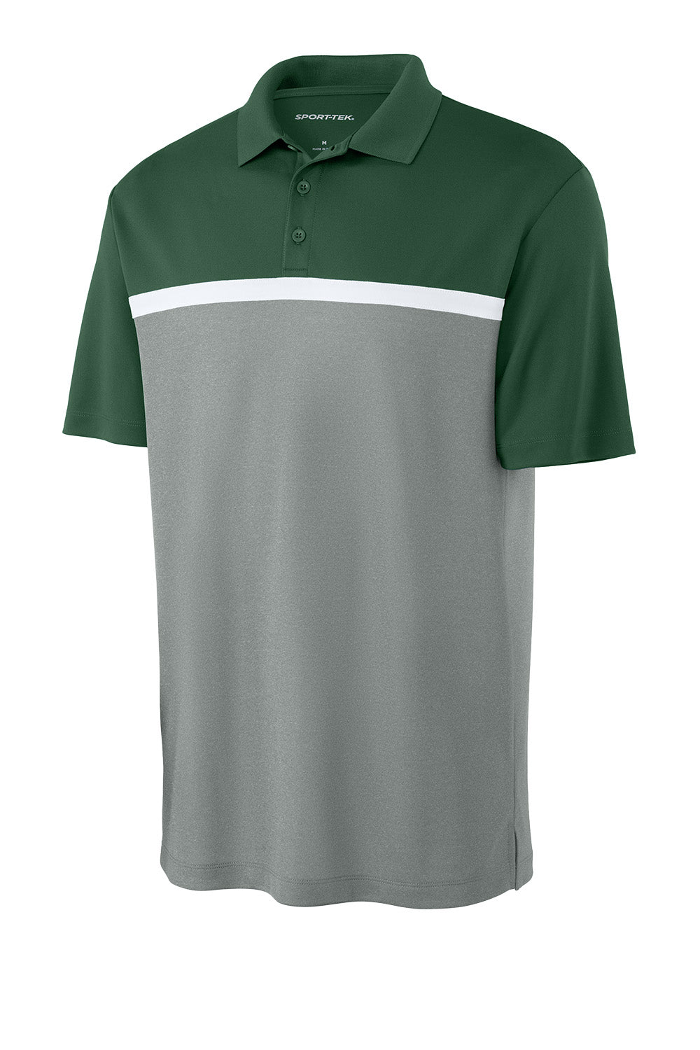 Sport-Tek UV Micropique Colorblock Polo in forest green and grey with white accents, front view showing athletic design.
