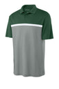 Sport-Tek UV Micropique Colorblock Polo in forest green and grey with white accents, front view showing athletic design.