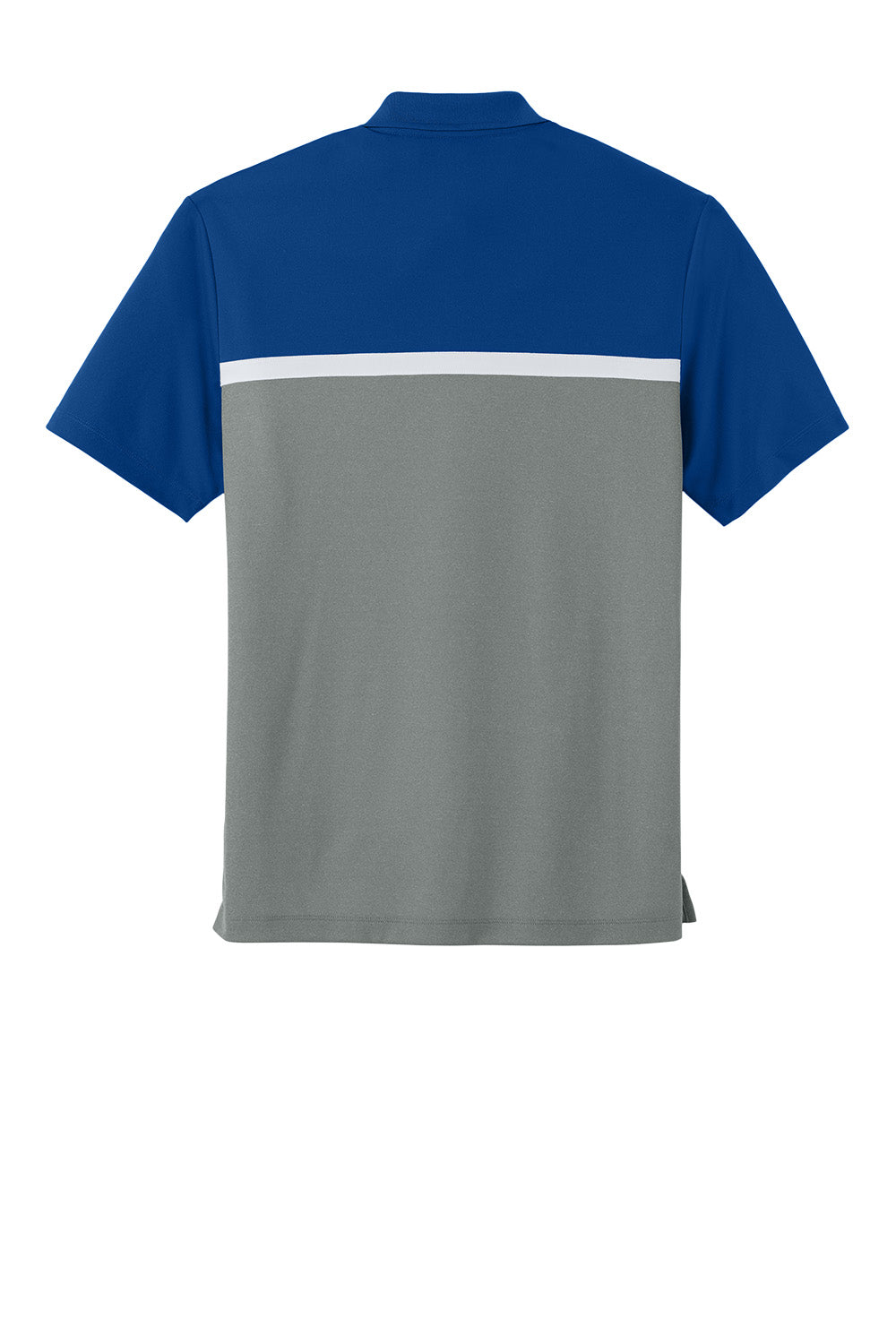 Sport-Tek UV Micropique Colorblock Polo in true royal blue, grey concrete Heather, and white, front view showing color blocking design.