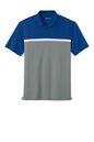 Sport-Tek UV Micropique Colorblock Polo in true royal blue, grey concrete heather, white, flat front view.