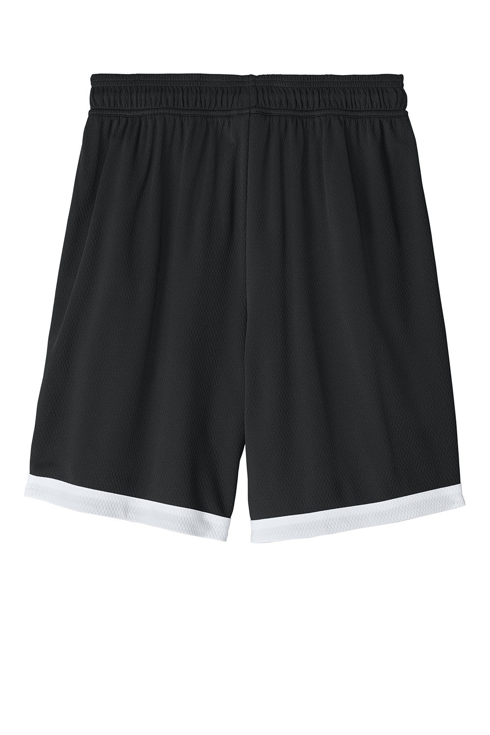 Black and white Sport-Tek Rival Basketball 7-inch shorts with flat back design, ideal for athletic performance and basketball games.