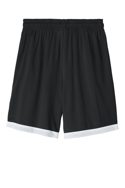 Black and white Sport-Tek Rival Basketball 7-inch shorts with flat back design, ideal for athletic performance and basketball games.
