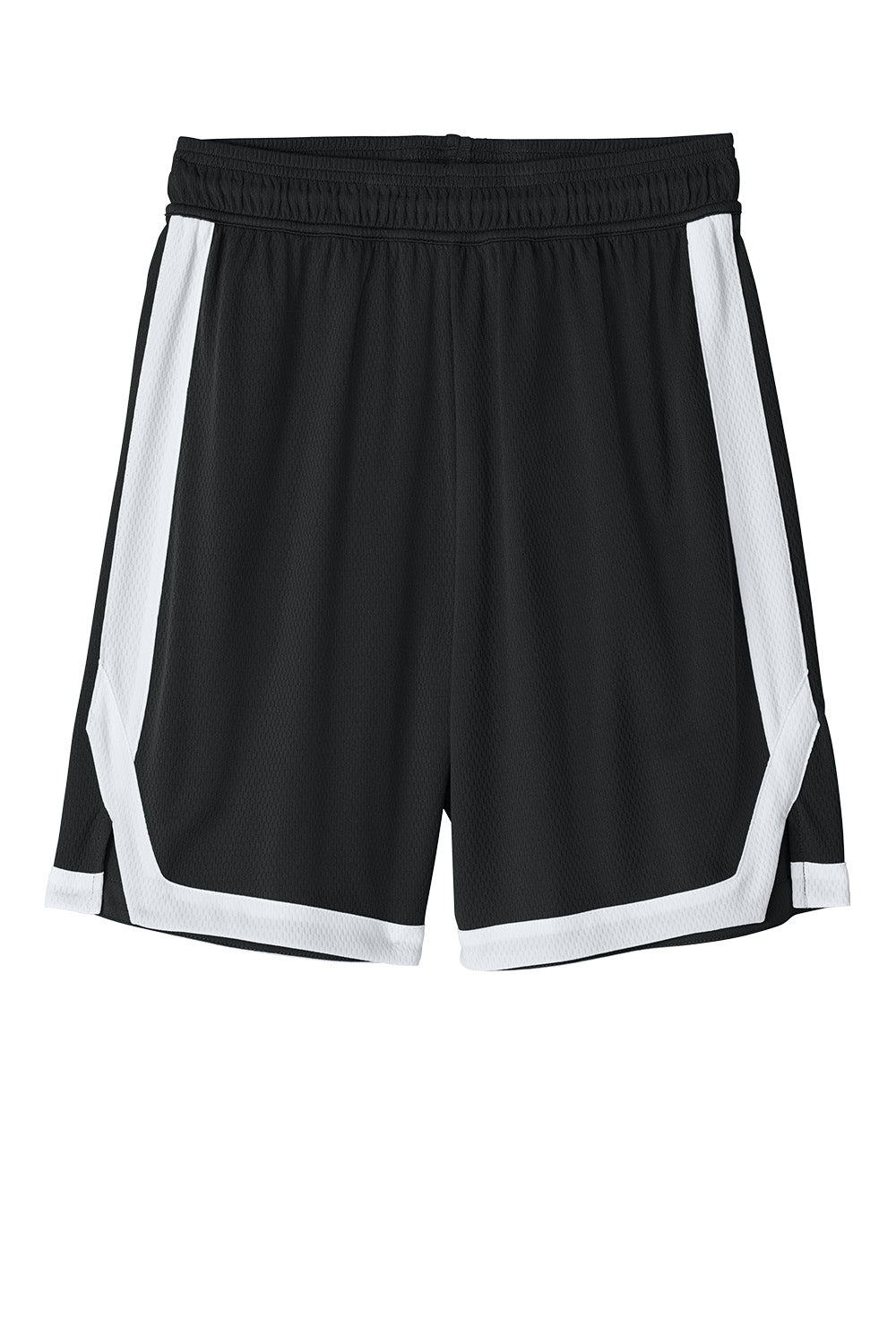 Black and white Sport-Tek Rival basketball shorts with 7-inch inseam, featuring a flat front design and printed brand logo.