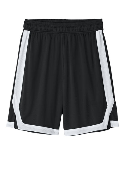 Black and white Sport-Tek Rival basketball shorts with 7-inch inseam, featuring a flat front design and printed brand logo.