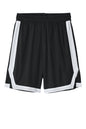 Black and white Sport-Tek Rival basketball shorts with 7-inch inseam, featuring a flat front design and printed brand logo.