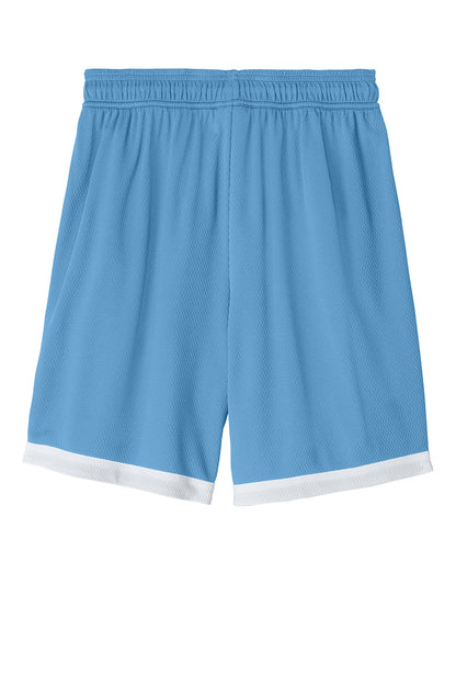 Carolina blue and white Sport-Tek Rival basketball shorts with 7-inch inseam, flat back design, by Print-View.