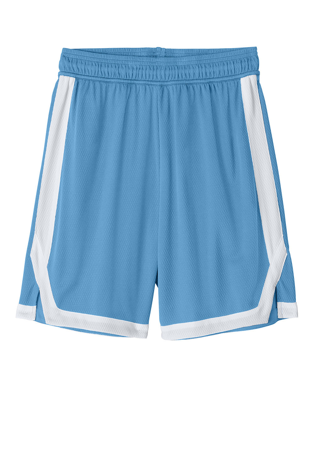 Carolina Blue Sport-Tek Rival basketball shorts with white accents, flat front design, ideal for sports and athletic activities.
