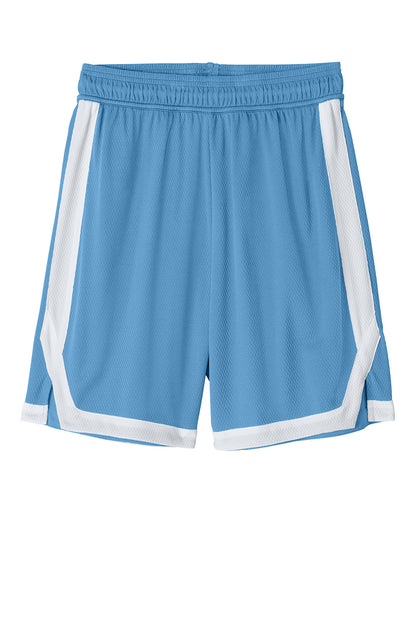 Carolina Blue Sport-Tek Rival basketball shorts with white accents, flat front design, ideal for sports and athletic activities.