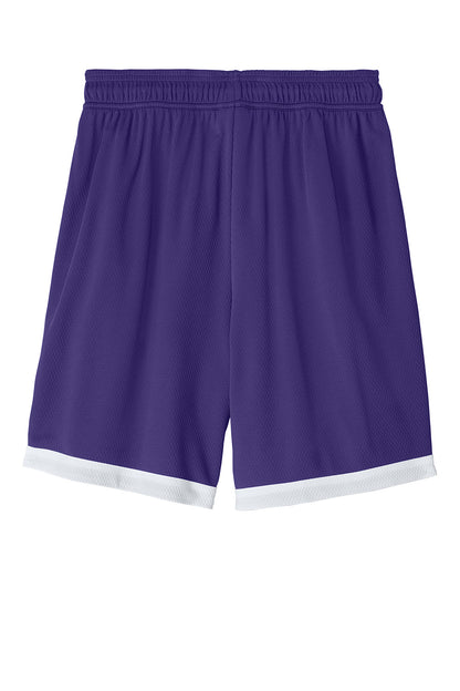 Purple and white Sport-Tek Rival 7-inch basketball shorts with flat-back design by Print-View