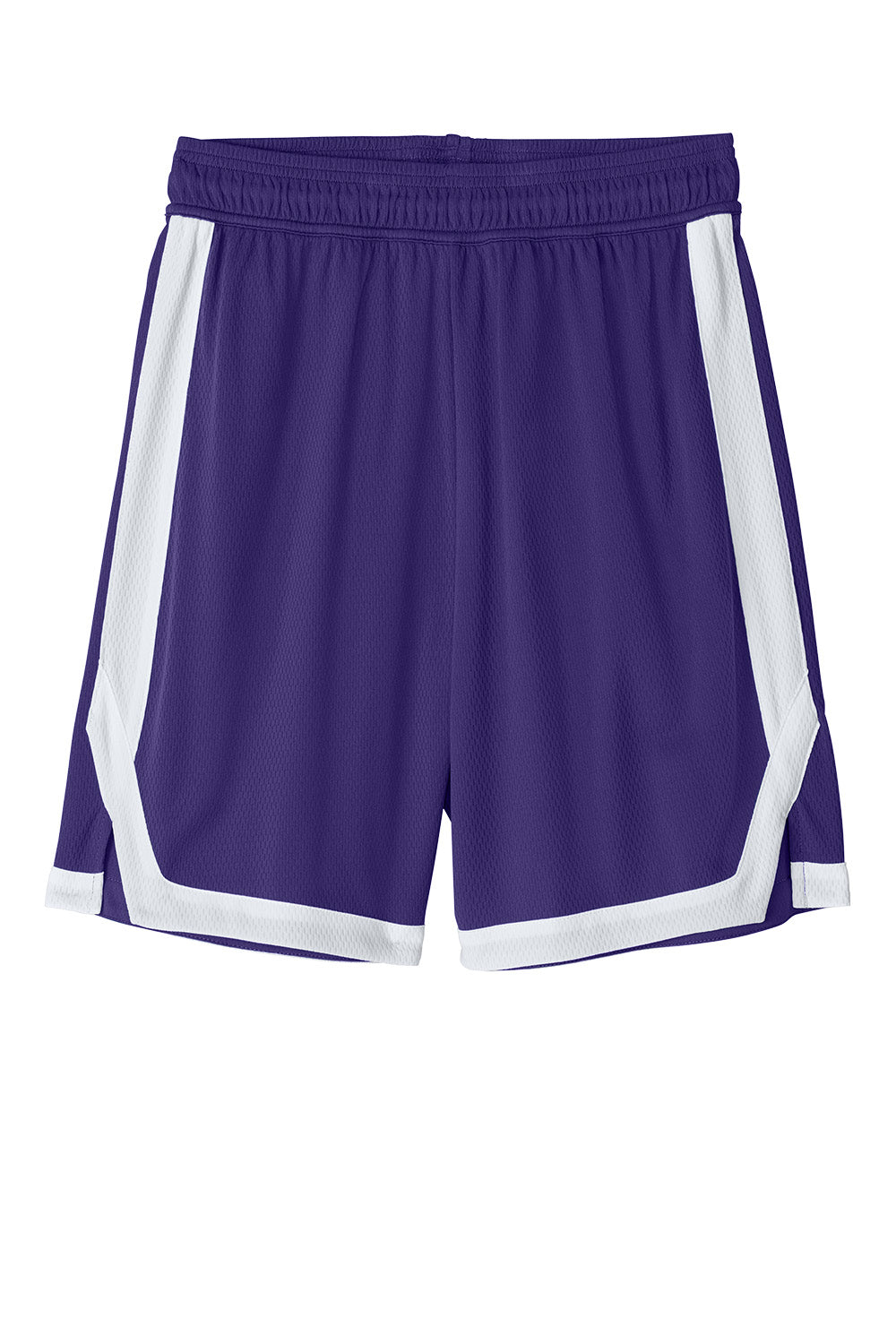 Purple and white Sport-Tek Rival basketball shorts with 7-inch inseam, featuring a flat front design, by Print-View.
