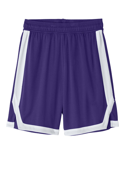Purple and white Sport-Tek Rival basketball shorts with 7-inch inseam, featuring a flat front design, by Print-View.