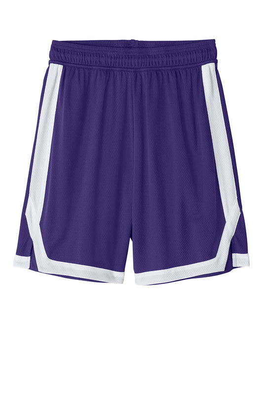 Purple and white Sport-Tek Rival basketball shorts with 7-inch inseam, flat front design, made by Print-View.