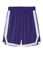 Purple and white Sport-Tek Rival basketball shorts with 7-inch inseam, featuring a flat front design, by Print-View.