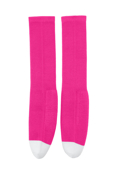 Bright pink Sport-Tek All Sport OTC socks with reinforced heel and toe, designed for comfort and athletic performance.
