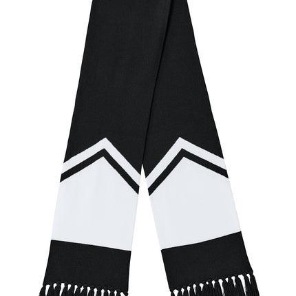 Black and white Sport-Tek Gameday scarf with flat front design, featuring bold stripes and the Sport-Tek branding for sports fans.
