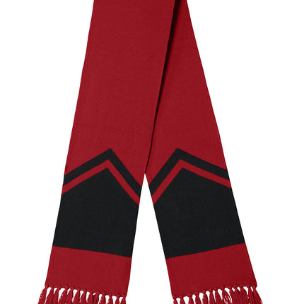 Sport-Tek® Gameday scarf in deep red and black with flat front design, featuring bold team colors and logo details.