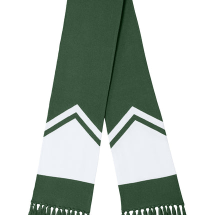 Forest green and white Sport-Tek Gameday Scarf with flat front design, showcasing comfortable, sporty fabric and branding details.