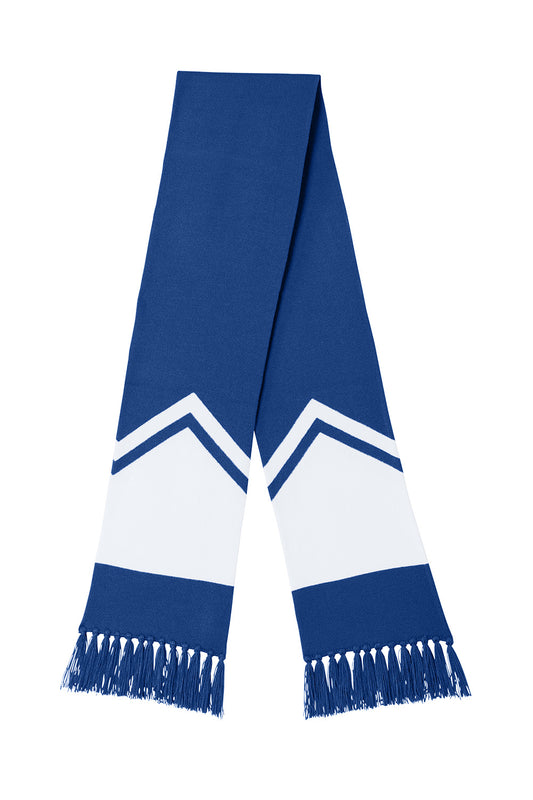 Sport-Tek Gameday scarf in true royal and white, lightweight fabric with flat front design, ideal for showing team spirit