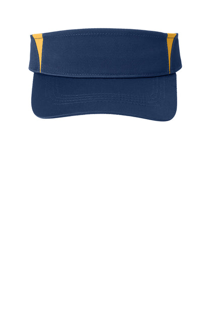 Sport-Tek Dry Zone colorblock visor in true navy with gold accents, front view, lightweight and sports-ready headwear.