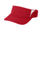 Sport-Tek Dry Zone colorblock visor in red and white with a flat brim, designed for sporty, casual wear.