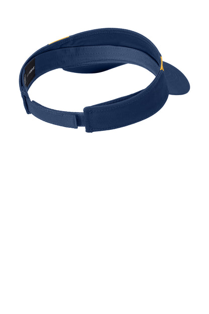 True navy and gold Sport-Tek Dry Zone colorblock visor with a flat back, designed for sporty, casual wear.
