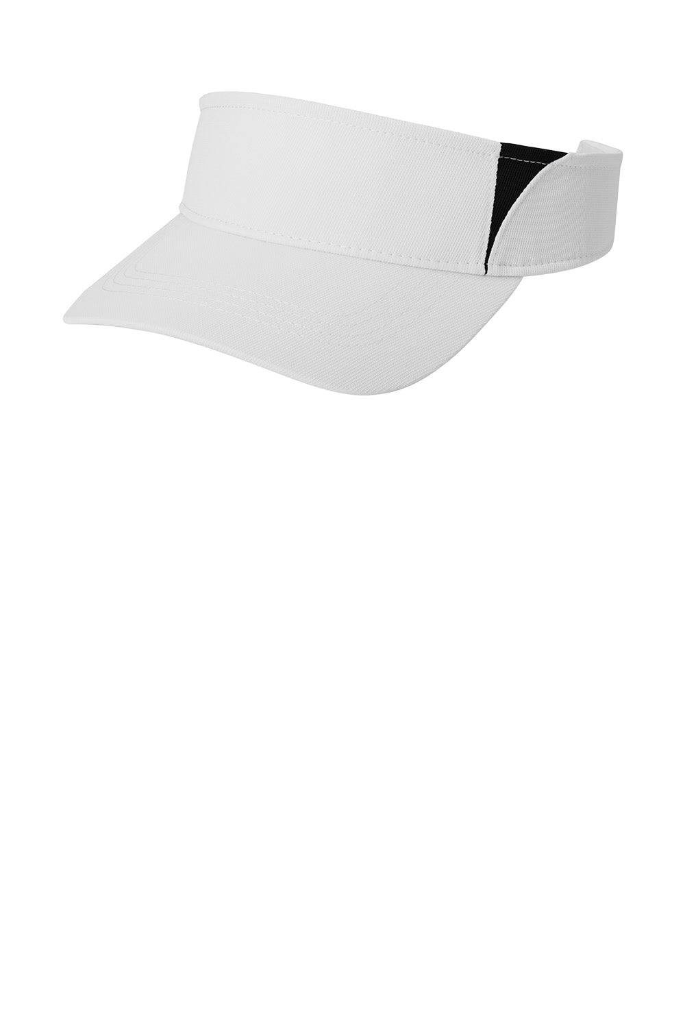 White and black Sport-Tek Dry Zone colorblock visor with a curved brim and adjustable strap, shown from flat left angle.