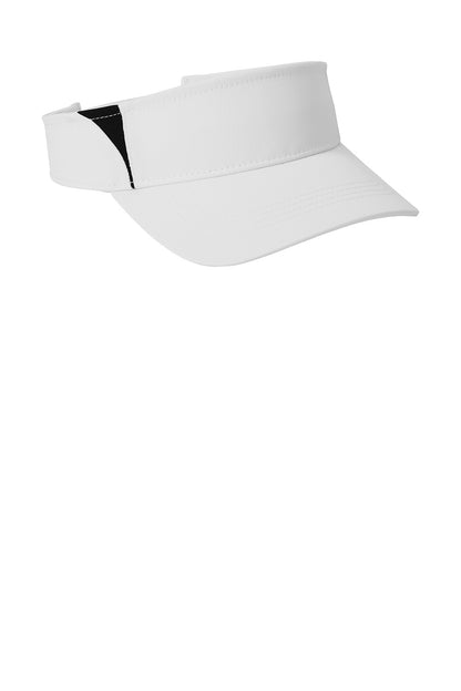 White and black Sport-Tek Dry Zone colorblock visor with curved brim and adjustable strap, viewed from the front right angle.
