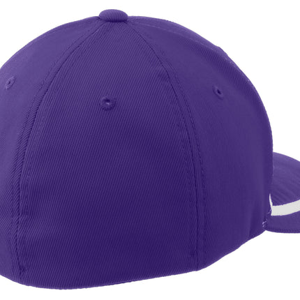 Purple and white Sport-Tek Flexfit performance colorblock cap with adjustable fit, shown from back view.