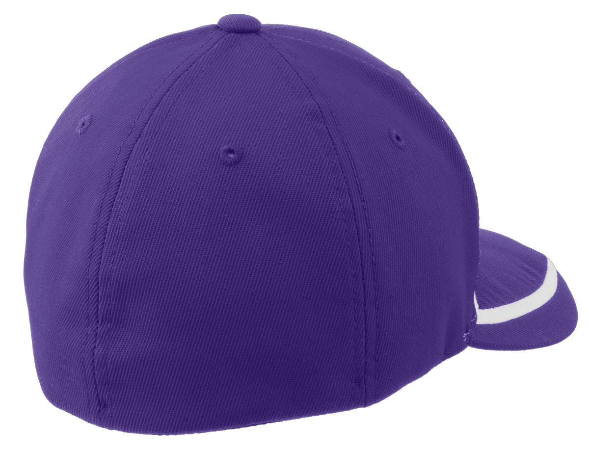 Purple and white Sport-Tek Flexfit performance colorblock cap with back view, featuring a curved brim and adjustable fit.