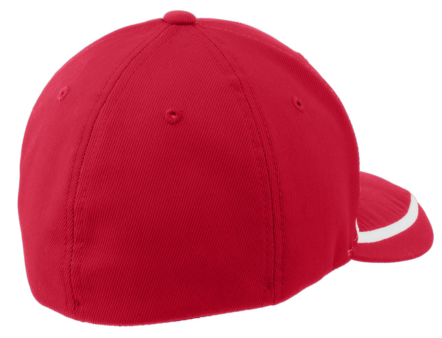 Sport-Tek Flexfit performance colorblock cap in red and white with a structured back view.