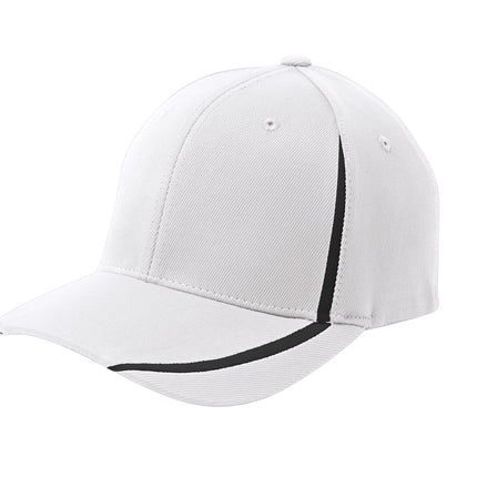 White and black Sport-Tek Flexfit performance colorblock cap with front logo embroidery, featuring a curved brim and adjustable fit.