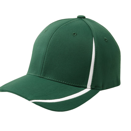 Forest green and white Sport-Tek Flexfit performance colorblock cap with front logo detail