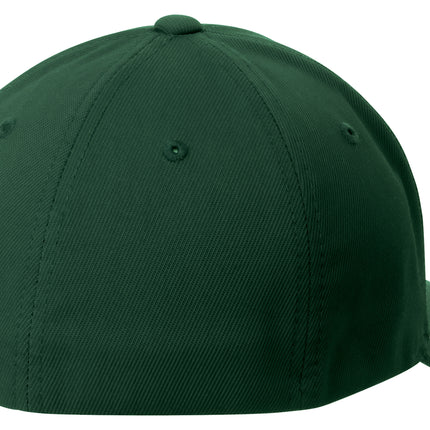Forest green and white Sport-Tek Flexfit performance colorblock cap with back view, featuring a structured design and curved brim.