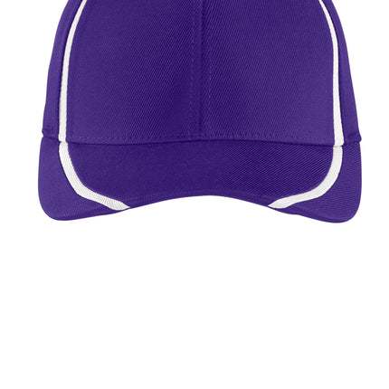 Sport-Tek® Flexfit® performance colorblock cap in purple and white, front view showing classic sporty design and adjustable fit.