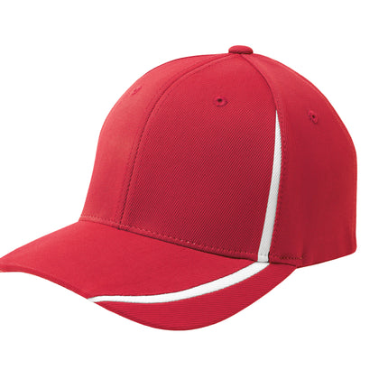 Red and white Sport-Tek Flexfit performance colorblock cap with curved brim and adjustable fit, front view.