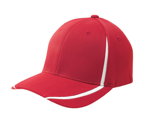 Red and white Sport-Tek Flexfit performance colorblock cap with curved brim and adjustable fit, front view.