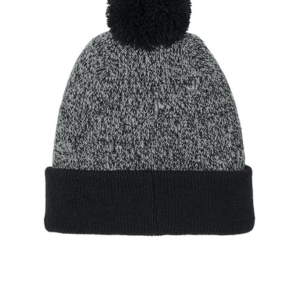 Black Sport-Tek® Halftime Heather Pom Beanie cap with silver pom and flat back, stylish and warm for outdoor activities.